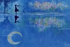 a painting of a person standing on the edge of a body of water with a half moon