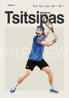 a man holding a tennis racquet on top of a tennis court in front of a poster