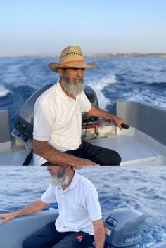 two men sitting on the back of a boat in the ocean, one wearing a straw hat