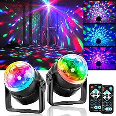 two disco ball lights with remotes on the side and an array of images behind them