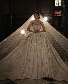 a woman in a wedding dress with a veil on her head and lights behind her