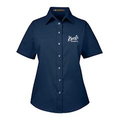 55% cotton, 45% polyester twill with stain-release Wrinkle-resistant Spread Collar Front and back darts for feminine shaping Hemmed short-sleeves Price includes embroidery on the left chest. Short Sleeve Embroidered Shirt For Work, Workwear Embroidered Short Sleeve Blouse, Embroidered Short Sleeve Workwear Blouse, Uniform Style Cotton Tops With Short Sleeves, Cotton Short Sleeve Uniform Tops, Cotton Uniform Tops With Short Sleeves, Cotton Uniform Workwear Tops, Cotton Uniform Tops For Workwear, Classic Embroidered Short Sleeve Shirt