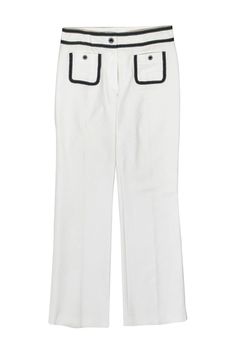 Current Boutique-Escada - White Straight Leg Trousers w/ Black Trim Sz 4 Wide Leg Bottoms With Contrast Trim For Work, Workwear Straight Leg Bottoms With Contrast Trim, Straight Leg Bottoms With Contrast Trim For Work, Straight Leg Workwear Bottoms With Contrast Trim, Chic Workwear Bottoms With Contrast Stitching, Chic Spring Pants With Contrast Stitching, White Wide Leg Bottoms With Contrast Stitching, Workwear Bottoms With Contrast Trim, Spring Workwear Bottoms With Contrast Trim