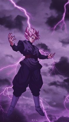 the dragon ball character is standing in front of lightning