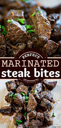 beef steak bites on a cutting board with parsley in the foreground and text overlay