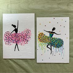 two handmade cards with colorful designs on them, one has a ballerina and the other is a dancer