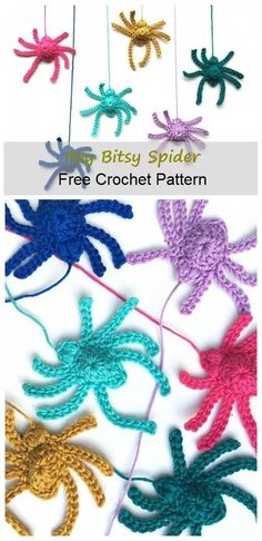 crocheted spiders are hanging from strings with the words free crochet pattern