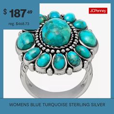 Ring Style: Cocktail RingsShape: Round, FlowerStone Cut: OvalMetal Color: WhiteBand Width: 4.5mmCare: Wipe CleanStone Type: 13 Genuine TurquoiseMetal: Sterling SilverCountry of Origin: Imported Round Turquoise Ring With Gemstone Accents, Adjustable Turquoise Ring With Stone Setting, Turquoise Ring With Stone Setting In Silver, Blue Flower Ring For Anniversary, Oval Turquoise Ring For Anniversary, Fine Jewelry Turquoise Ring, Oval Turquoise Anniversary Ring, Turquoise Ring With Stone Setting As Gift, Round Flower Ring With Accent Stones