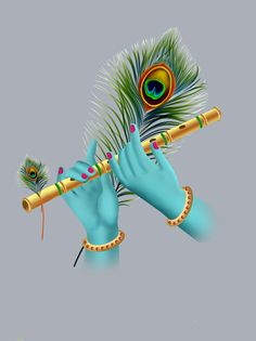 a hand holding a flute with a peacock feather on it