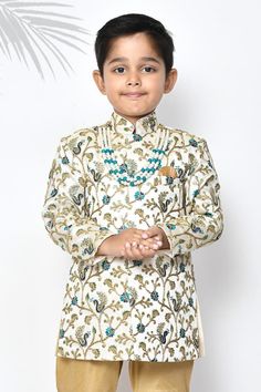 Multicolour thread embroidered sherwani with floral and paisley motifs. Comes with churidar and bead necklace. - Aza Fashions Embroidered Sherwani, Paisley Motifs, Fashion App, Churidar, Embroidered Silk, Aza Fashion, Cotton Silk, Bead Necklace, Paisley