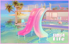 there is a pink slide in the water