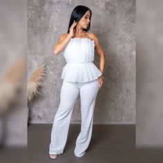 Ruffle Top Jumpsuit Back Zipper Model Is Wearing A Size Small Brand New White Sleeveless Pantsuit For Night Out, Chic White Two-piece Pants Set, Chic Fitted Matching Set Jumpsuits And Rompers, White Sleeveless Sets For Night Out, Chic Fitted Pant Set For Day Out, Fitted White Pants As Part Of A Matching Set, Fitted White Pants From Matching Set, White Fitted Pants Matching Set, White Pant Set For Spring Party