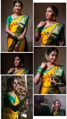 a woman in yellow and green sari with gold jewelry on her neck, posing for pictures