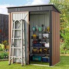 an outdoor storage shed with its door open and shelves full of tools on the outside