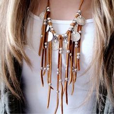 New! Coins And Faux Suede Fringe Necklace Kalung Choker, Kalung Manik-manik, Hantverk Diy, Silver Bead Necklace, Fringe Necklace, A Necklace, Leather Fringe, Hippie Chic, Leather Necklace