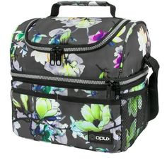 an image of a floral lunch bag with multiple colors and designs on the side, including flowers