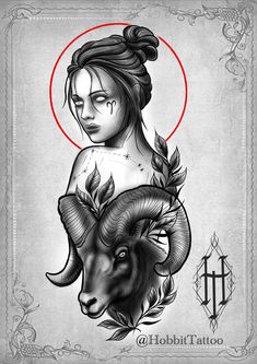 a woman with long hair and horns on her head is depicted in this tattoo design