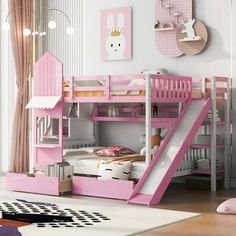 Spacious Pink Full-Over-Full Castle Style Bunk Bed with Fun Slide, 2 Drawers, and 3 Handy Shelves for Ultimate Organization and Playful Dreams Color: Brown. Storage Staircase, Trundle Bed With Storage, Solid Wood Bunk Beds, Big Bed, Whimsical Bedroom, Bunk Bed With Slide, Bunk Beds With Drawers, Wooden Bunk Beds, Wood Bunk Beds