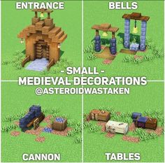 four different types of small medieval decorations in minecraft with text overlaying them