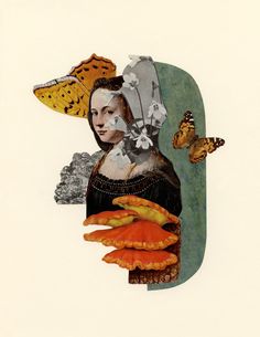 an image of a woman with flowers and butterflies on her head, surrounded by other things