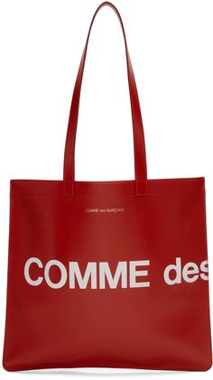 Comme des Garçons Wallets: Red Huge Logo Tote | SSENSE Logo Stamp, Comme Des Garcons, Luxury Streetwear, Womens Slippers, Wallets For Women, Leather Tote, Red Leather, Zipper Pocket, Wallets