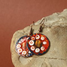 These earrings were created using a kiln firing method. Copper is cut, filed and sanded. Fine glass powder is then layered on the copper and heated the piece with a kiln. These last two steps are repeated many times until the final look is achieved. Each of my products is an original. That's why even the same item can be partly different from the photograph - as for the size, pattern or colour. Artisan Handmade Rust Earrings, Artisan Rust-colored Earrings As Gift, Handmade Artisan Rust Earrings, Artisan Rust-colored Handmade Earrings, Handmade Rust Earrings For Gift, Enamel Art, Kiln Firing, Crown Jewels, Enamel Earrings