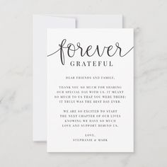 a white greeting card with the words forever grateful on it, in black ink that reads dear friend and family