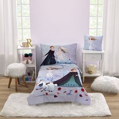 a bedroom with pink walls and white fluffy rugs in front of the bed has an image of two princesses on it