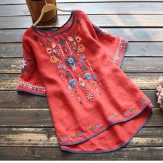 Women's Popular Southwestern Embroidered Cotton Tunic Top | eBay Embroidered Tops, Red Tunic, Spring Blouses, Embroidery Top, Linen Tshirts, Retro Summer, Embroidered Shorts, Loose Blouse, Tunic Shirt