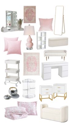 a collage of pink and white furniture, pillows, lamps, rugs and other items