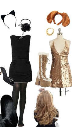 a collage of women's clothing and accessories including boots, gloves, hair