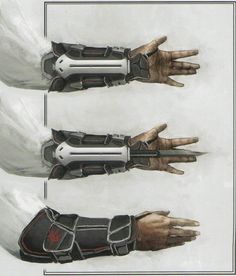 three different views of an arm and hand with gloves on it, one showing the fingers