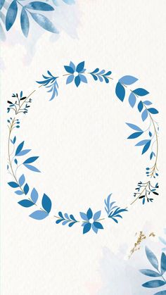 a blue and white watercolor background with an oval frame made up of leaves on the bottom