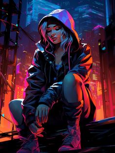 a woman sitting on the ground in front of a cityscape with neon lights