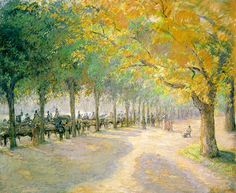 an oil painting of people riding horses and carriages on a path in the park with trees