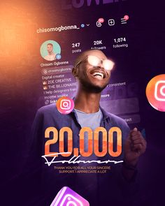 a man is smiling while holding his cell phone in front of him with the words 20, 000 followers on it