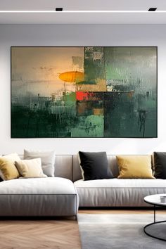 Modern abstract cityscape oil painting with deep greens, orange and red accents, original handmade artwork Muted Tones, Red Accents, Vibrant Orange, Deep Green