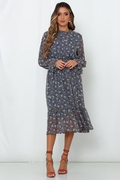 Length from shoulder to hem of size S: 119cm. Midnight blue print dress. Lined. Cold hand wash only. Model is a standard XS and is wearing XS. True to size. Non-stretchy woven fabric; lightweight handle. No zip. Keyhole and button closure to back. Elastic waist. Print placement may vary. Polyester. Feed your feminine by working in a touch of vintage floral print and don our Budding Romance Midi Dress. This stunning midi dress features a frilled high neckline, a cinched elastic waist and a ruffle hemline. Kimono Maxi Dress, Floral Wrap Maxi Dress, Round Neck Casual Dress, Blue Print Dress, Mid Calf Dresses, Midi Ruffle Dress, Brunch Outfit, Print Placement, Floral Dress Summer