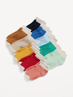 Pack includes 10 pairs of socks, each in a different color.  Rib-knit cuffs.  Soft-knit fabric, with comfortable stretch.  Notched seams at toe and heel for added comfort.  Textured logos at soles.  Size 0-6M = 19"-27" height, 7-17 lbs.  weight.  Size 6-12M = 27"-29" height, 17-22 lbs.  weight.  Size 12-24M = 29"-33" height; 22-30 lbs.  weight.  Size 2T-3T, Height 33"-39", Weight 30-36 lbs.  Size 4T-5T = 39"-45" height 36-46 lbs.  weight. machine wash according to the care instruction label span Weight Machine, Boys Socks, Carters Baby Boys, Baby Gender, Baby Socks, Baby Size, Ankle Socks, Knit Cuff, Soft Knits