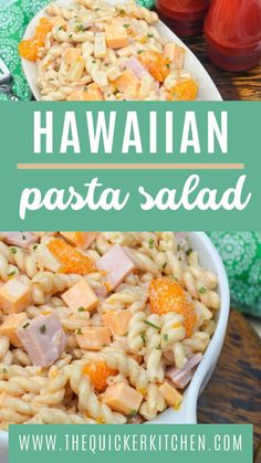 hawaiian pasta salad with ham and cheese in a white bowl