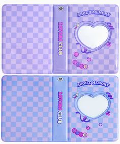 two purple notebooks with hearts on them and the words about memory written in white