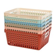 four plastic baskets stacked on top of each other