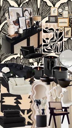 a collage of black and white furniture with pictures on the wall behind it,