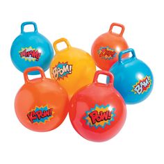 six different colored plastic jugs with the word pow on them, all labeled boom