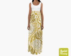 "IF YOU NEED YOUR ITEMS TO ARRIVE BY SPECIFIC DATE PLEASE UPGRADE TO EXPRESS SHIPPING AT THE CART. This Hawaiian Polynesian empire waist maxi dress is featuring golden tropical floral design on white background. Please note: this is not real gold but golden printed color. If you would rather this dress was in another color or combination of colors please get in touch and let me know and I will do my best to accommodate you. This maxi dress is the perfect dress for daytime wear, hula dance, beach Polynesian Dress, Tiki Dress, Empire Waist Maxi, Empire Maxi Dress, Hula Dance, Empire Waist Maxi Dress, Muumuu Dress, Flowy Design, Hawaiian Dress