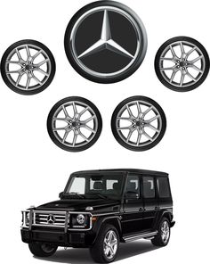 four mercedes benz wheels and tire rims on a white background with the mercedes logo above them