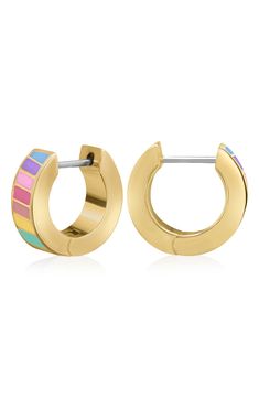 Easy-to-wear hoop earrings will add significant polish to even your most casual ensembles. 1/2" drop Hinge with snap-post closure Goldtone plate/enamel Imported Gold Enamel Huggie Earrings, Multicolor Modern Small Hoop Earrings, Modern Multicolor Small Hoop Earrings, Hoop Huggie Earrings In Enamel, Multicolor Enamel Hoop Earrings, Modern Enamel Hoop Earrings, Fall Bathroom Decor, Concert Looks, Flip Flop Slippers