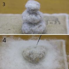 two pictures showing how to make a wool ball snowman