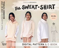 three girls wearing sweaters and pants with the text, digital pattern & e - book