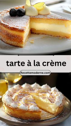 two different types of desserts on plates with the words tarte a la creme